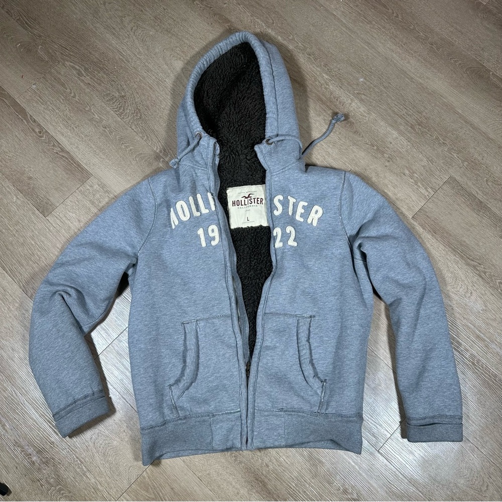 Vtg Y2K Hollister Gray Faux Fur Lined Full Zip Heavyweight Hoodie Sweatshirt L